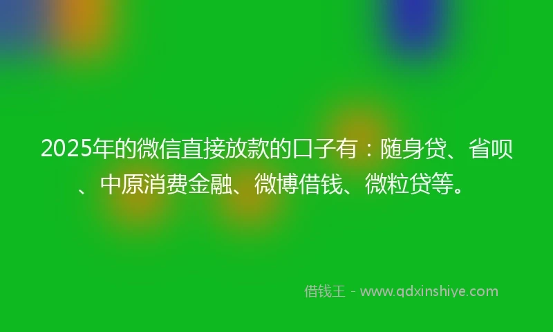 2025年的微信直接放款的口子有：随身贷、省呗、中原消费金融、微博借钱、微粒贷等。