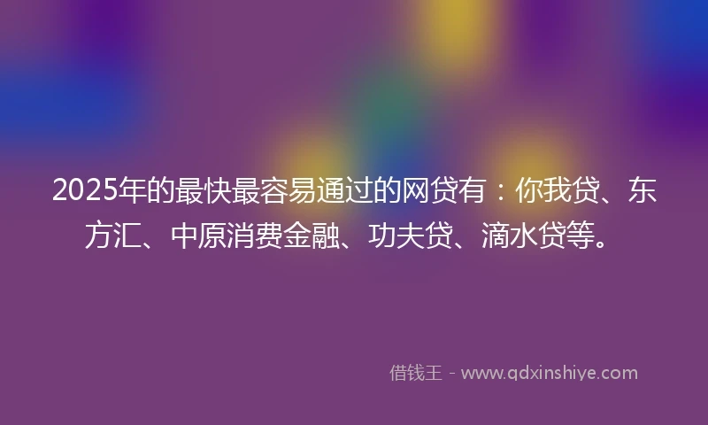 2025年的最快最容易通过的网贷有：你我贷、东方汇、中原消费金融、功夫贷、滴水贷等。