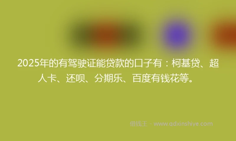 2025年的有驾驶证能贷款的口子有：柯基贷、超人卡、还呗、分期乐、百度有钱花等。