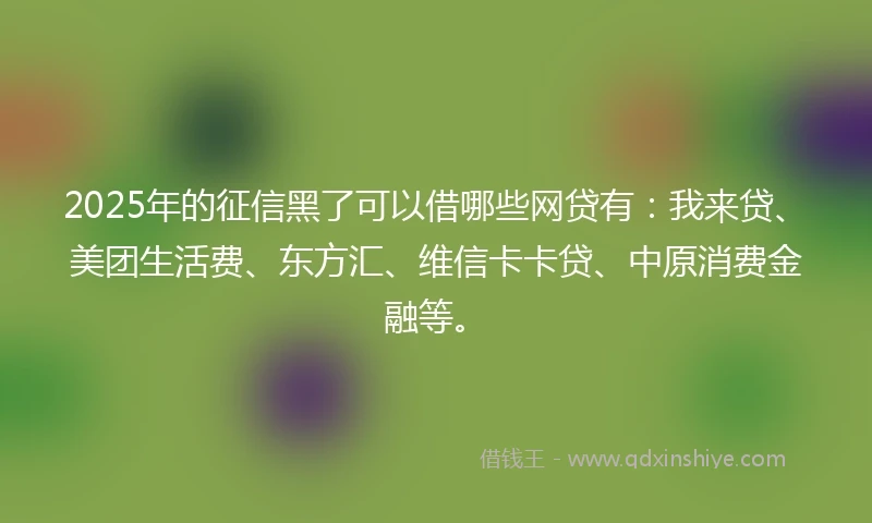2025年的征信黑了可以借哪些网贷有：我来贷、美团生活费、东方汇、维信卡卡贷、中原消费金融等。