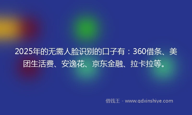 2025年的无需人脸识别的口子有：360借条、美团生活费、安逸花、京东金融、拉卡拉等。