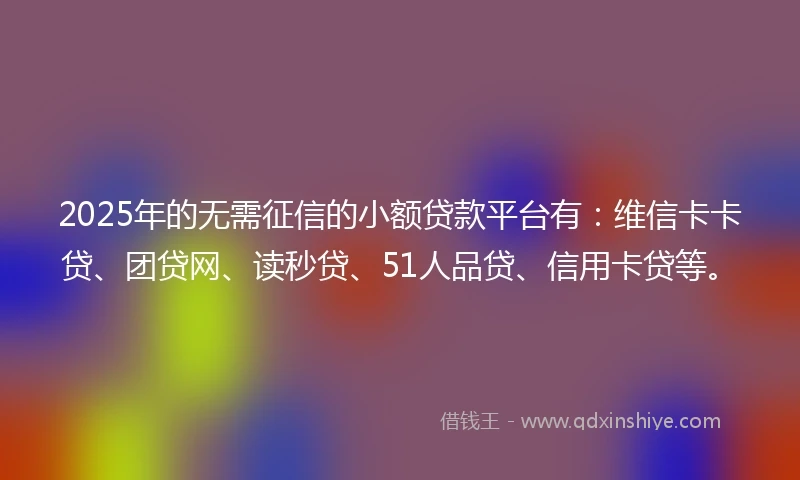 2025年的无需征信的小额贷款平台有：维信卡卡贷、团贷网、读秒贷、51人品贷、信用卡贷等。