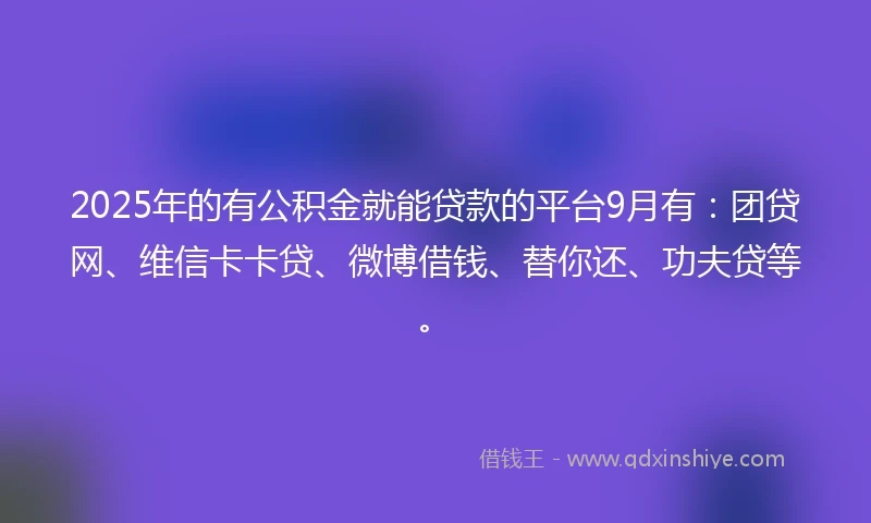 2025年的有公积金就能贷款的平台9月有：团贷网、维信卡卡贷、微博借钱、替你还、功夫贷等。