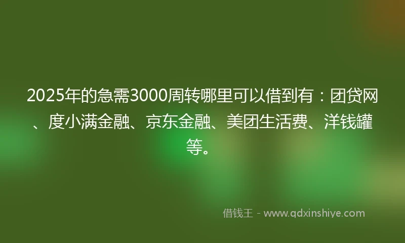 2025年的急需3000周转哪里可以借到有：团贷网、度小满金融、京东金融、美团生活费、洋钱罐等。