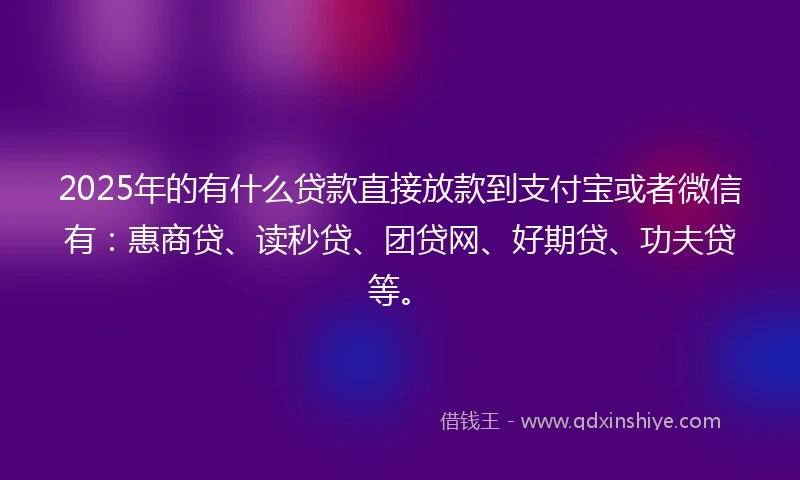 2025年的有什么贷款直接放款到支付宝或者微信有：惠商贷、读秒贷、团贷网、好期贷、功夫贷等。