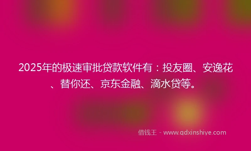 2025年的极速审批贷款软件有：投友圈、安逸花、替你还、京东金融、滴水贷等。