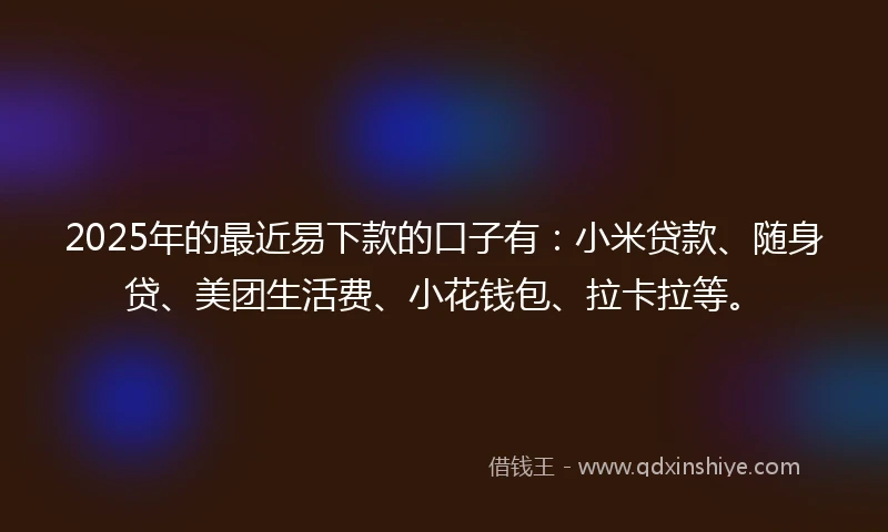 2025年的最近易下款的口子有：小米贷款、随身贷、美团生活费、小花钱包、拉卡拉等。