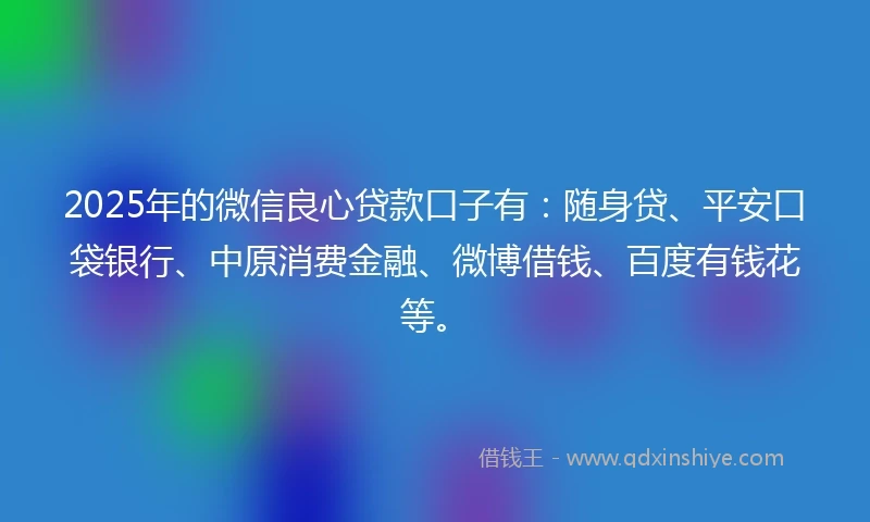 2025年的微信良心贷款口子有：随身贷、平安口袋银行、中原消费金融、微博借钱、百度有钱花等。