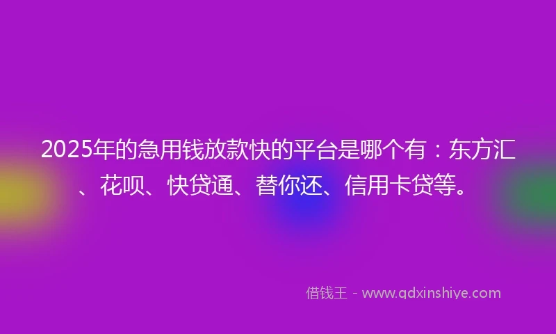 2025年的急用钱放款快的平台是哪个有：东方汇、花呗、快贷通、替你还、信用卡贷等。