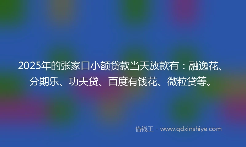 2025年的张家口小额贷款当天放款有：融逸花、分期乐、功夫贷、百度有钱花、微粒贷等。