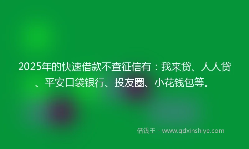 2025年的快速借款不查征信有：我来贷、人人贷、平安口袋银行、投友圈、小花钱包等。