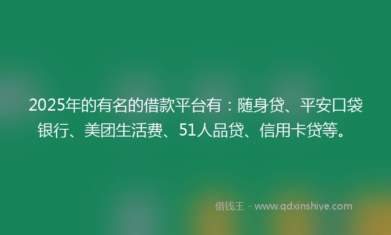 2025年的有名的借款平台有：随身贷、平安口袋银行、美团生活费、51人品贷、信用卡贷等。