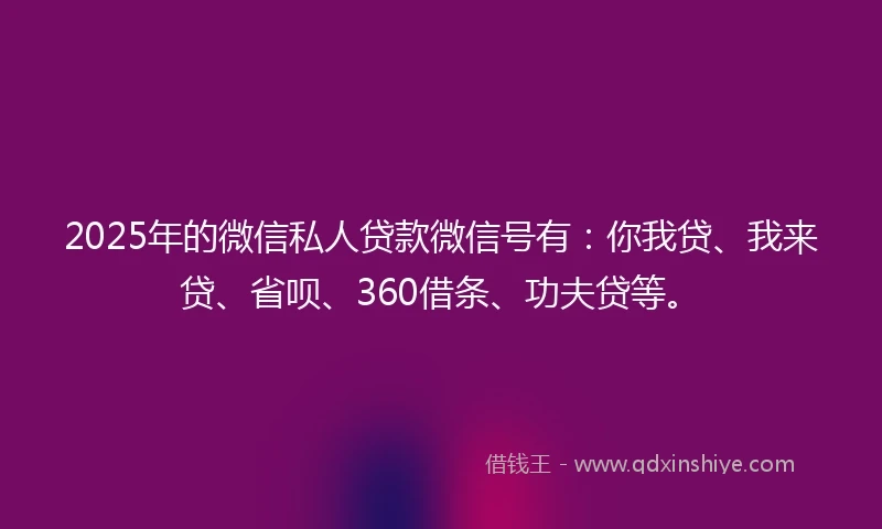 2025年的微信私人贷款微信号有：你我贷、我来贷、省呗、360借条、功夫贷等。