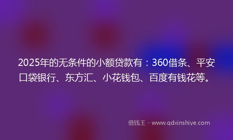 2025年的无条件的小额贷款有：360借条、平安口袋银行、东方汇、小花钱包、百度有钱花等。