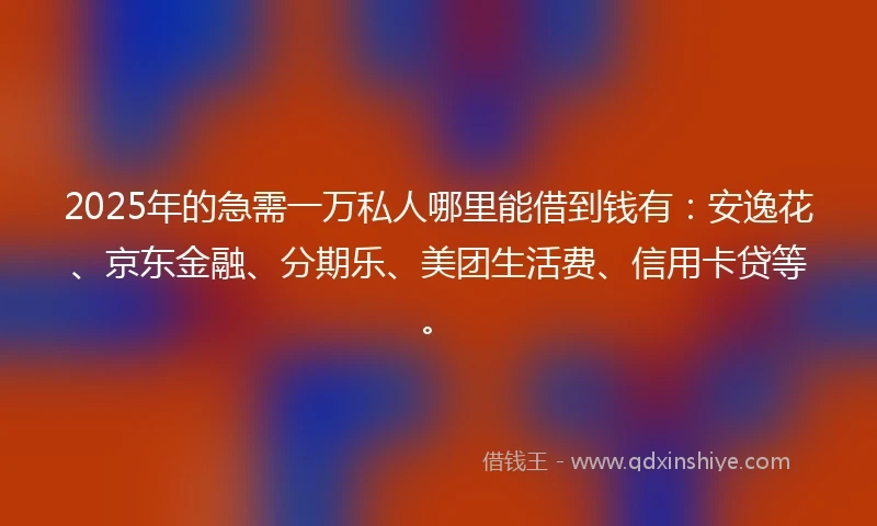 2025年的急需一万私人哪里能借到钱有：安逸花、京东金融、分期乐、美团生活费、信用卡贷等。