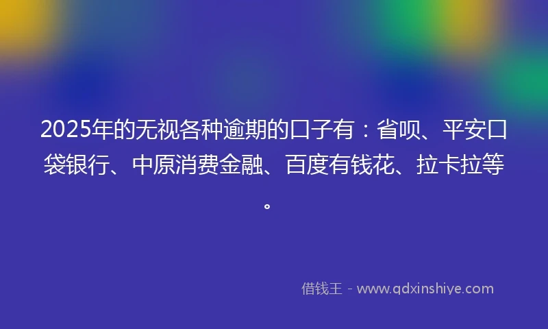 2025年的无视各种逾期的口子有：省呗、平安口袋银行、中原消费金融、百度有钱花、拉卡拉等。