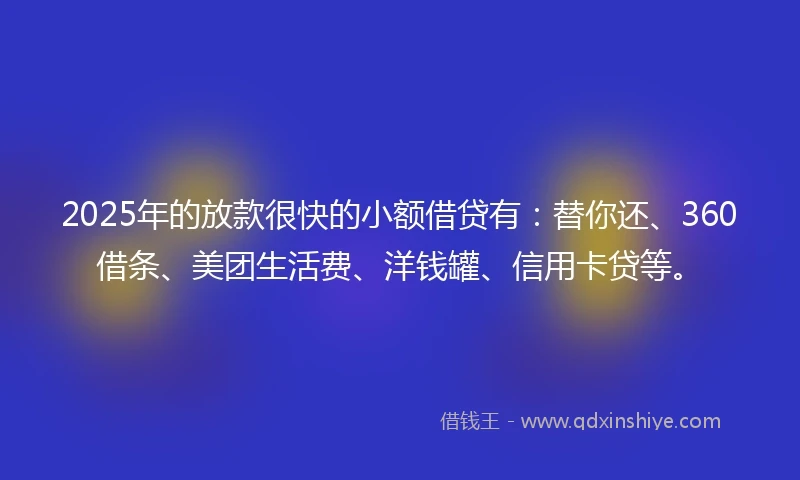 2025年的放款很快的小额借贷有：替你还、360借条、美团生活费、洋钱罐、信用卡贷等。