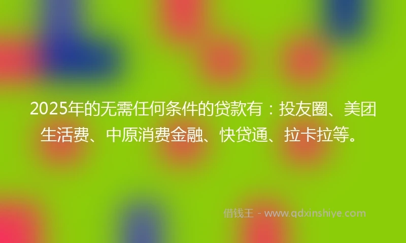 2025年的无需任何条件的贷款有：投友圈、美团生活费、中原消费金融、快贷通、拉卡拉等。