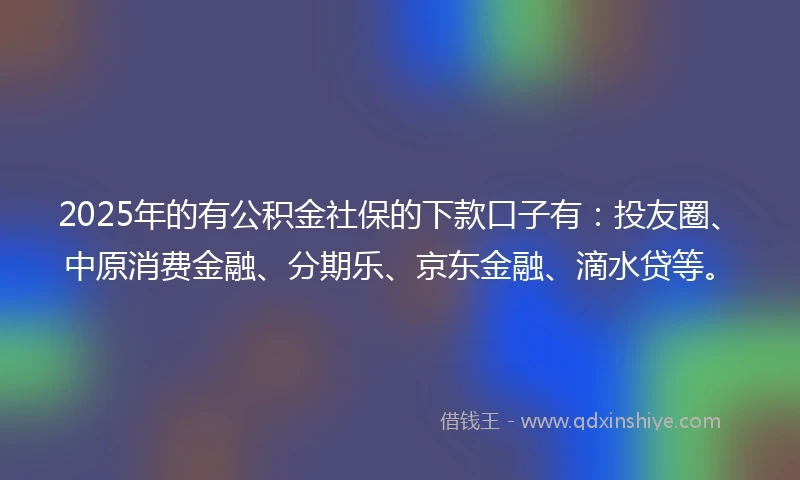 2025年的有公积金社保的下款口子有：投友圈、中原消费金融、分期乐、京东金融、滴水贷等。