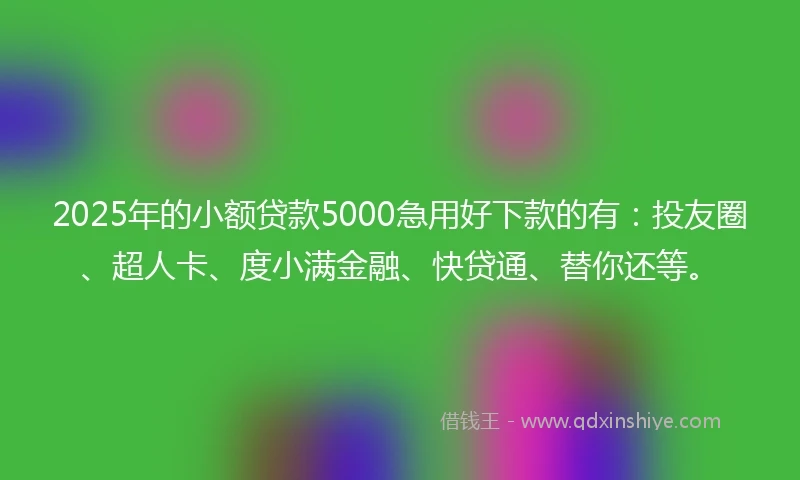 2025年的小额贷款5000急用好下款的有：投友圈、超人卡、度小满金融、快贷通、替你还等。
