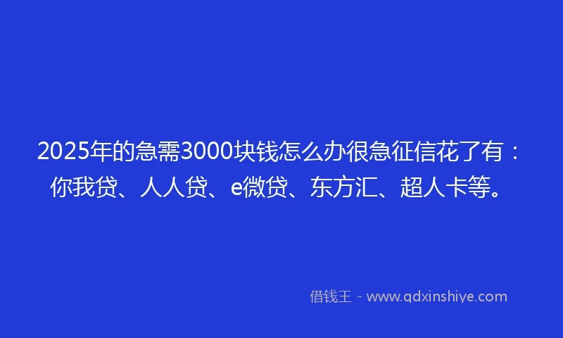 2025年的急需3000块钱怎么办很急征信花了有：你我贷、人人贷、e微贷、东方汇、超人卡等。