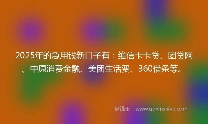 2025年的急用钱新口子有：维信卡卡贷、团贷网、中原消费金融、美团生活费、360借条等。