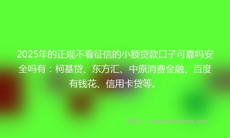 2025年的正规不看征信的小额贷款口子可靠吗安全吗有：柯基贷、东方汇、中原消费金融、百度有钱花、信用卡贷等。