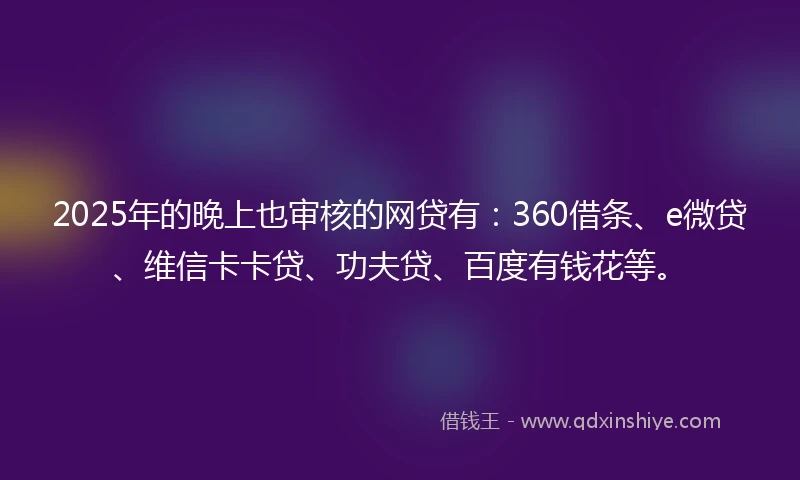 2025年的晚上也审核的网贷有：360借条、e微贷、维信卡卡贷、功夫贷、百度有钱花等。