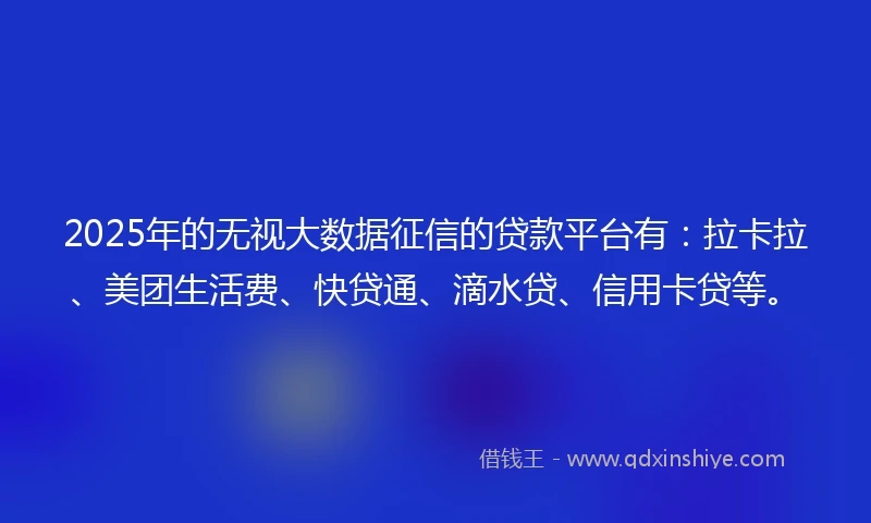 2025年的无视大数据征信的贷款平台有：拉卡拉、美团生活费、快贷通、滴水贷、信用卡贷等。