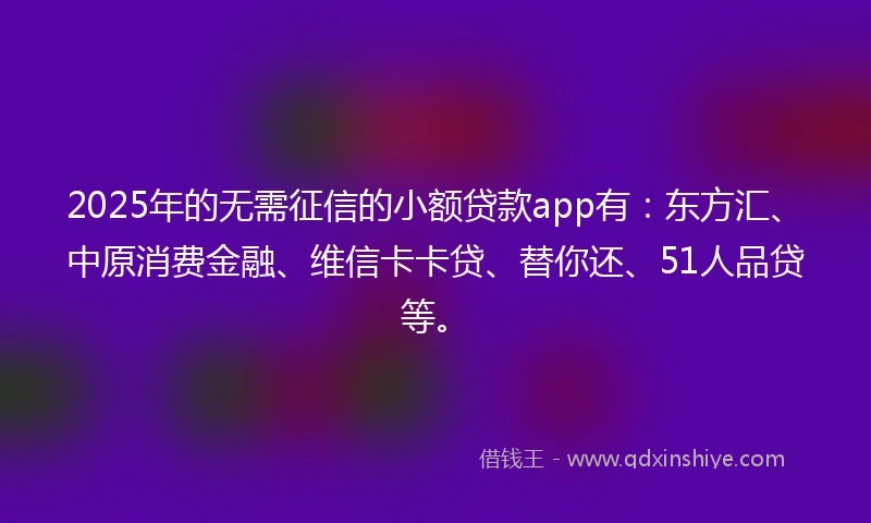 2025年的无需征信的小额贷款app有：东方汇、中原消费金融、维信卡卡贷、替你还、51人品贷等。