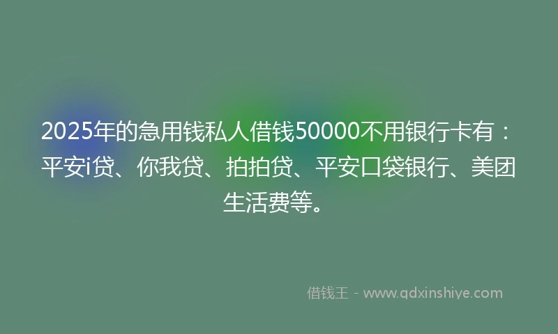 2025年的急用钱私人借钱50000不用银行卡有：平安i贷、你我贷、拍拍贷、平安口袋银行、美团生活费等。