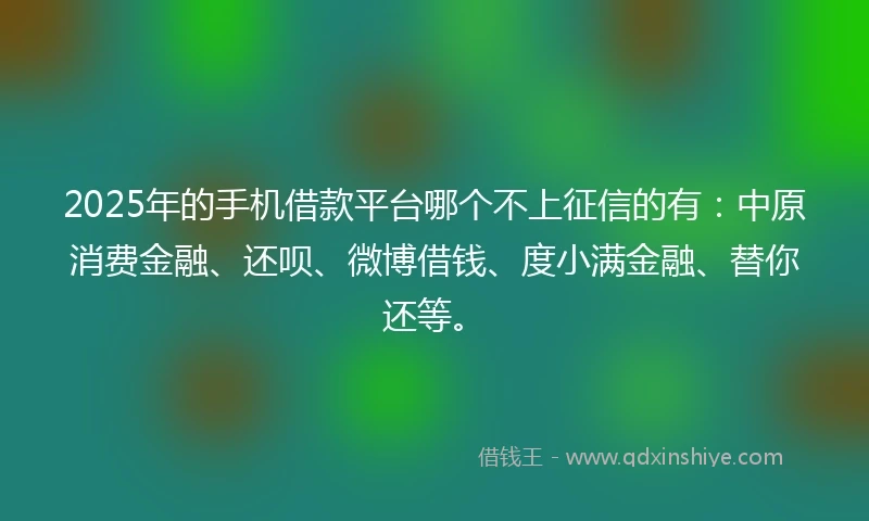 2025年的手机借款平台哪个不上征信的有：中原消费金融、还呗、微博借钱、度小满金融、替你还等。