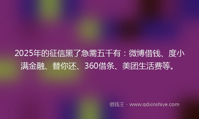 2025年的征信黑了急需五千有：微博借钱、度小满金融、替你还、360借条、美团生活费等。