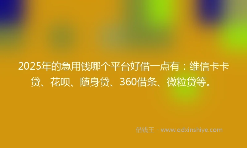 2025年的急用钱哪个平台好借一点有：维信卡卡贷、花呗、随身贷、360借条、微粒贷等。