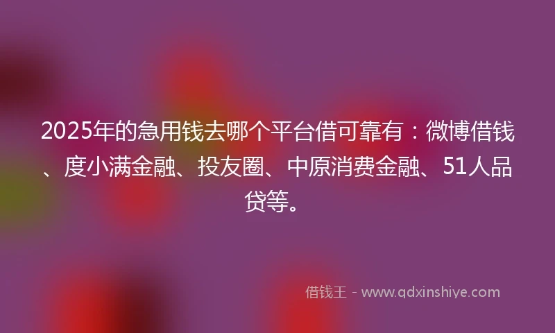 2025年的急用钱去哪个平台借可靠有：微博借钱、度小满金融、投友圈、中原消费金融、51人品贷等。