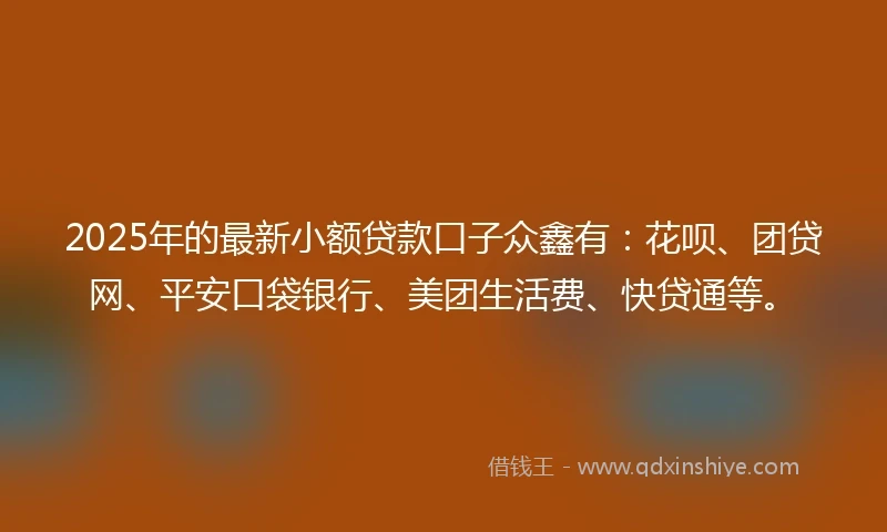 2025年的最新小额贷款口子众鑫有:花呗、团贷网、平安口袋银行、美团生活费、快贷通等。