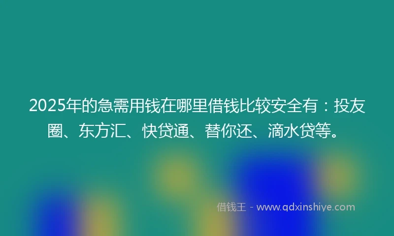 2025年的急需用钱在哪里借钱比较安全有：投友圈、东方汇、快贷通、替你还、滴水贷等。