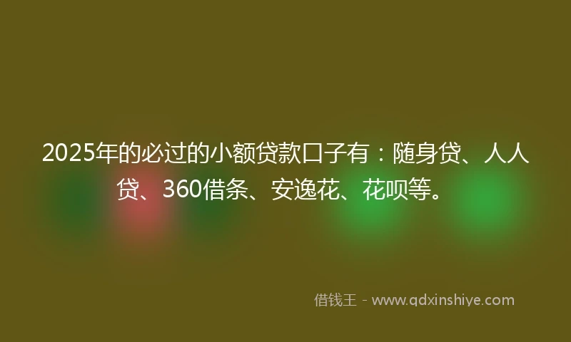 2025年的必过的小额贷款口子有：随身贷、人人贷、360借条、安逸花、花呗等。