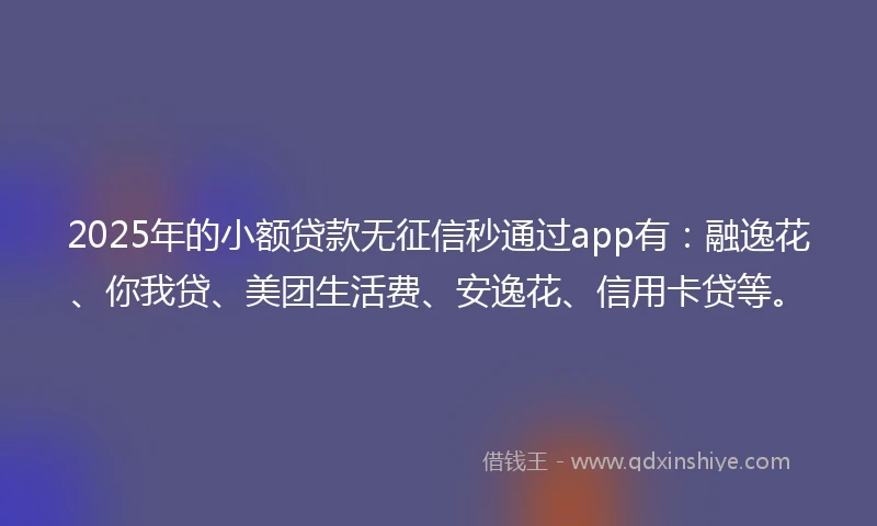 2025年的小额贷款无征信秒通过app有：融逸花、你我贷、美团生活费、安逸花、信用卡贷等。