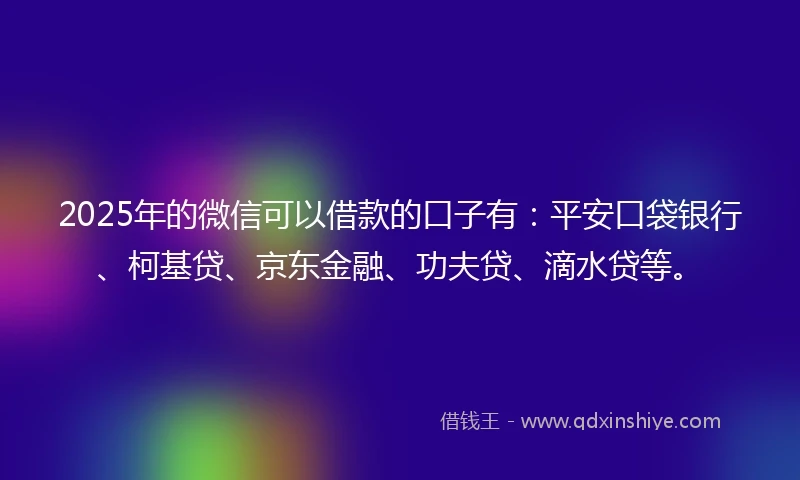 2025年的微信可以借款的口子有：平安口袋银行、柯基贷、京东金融、功夫贷、滴水贷等。