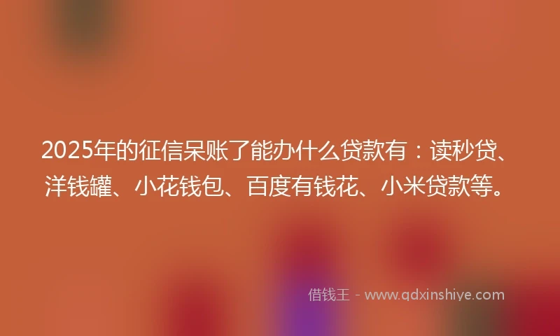 2025年的征信呆账了能办什么贷款有：读秒贷、洋钱罐、小花钱包、百度有钱花、小米贷款等。