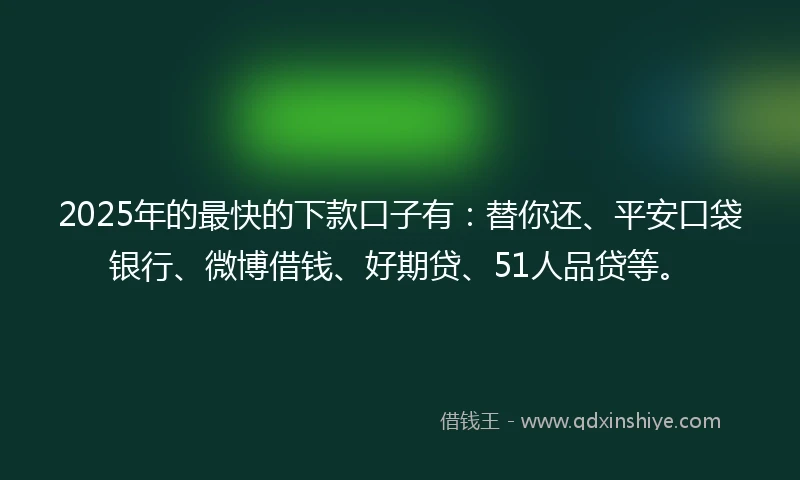 2025年的最快的下款口子有：替你还、平安口袋银行、微博借钱、好期贷、51人品贷等。