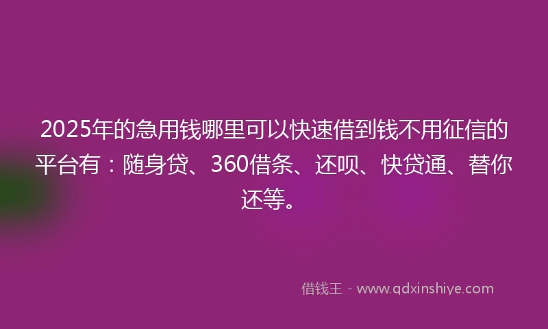 2025年的急用钱哪里可以快速借到钱不用征信的平台有：随身贷、360借条、还呗、快贷通、替你还等。