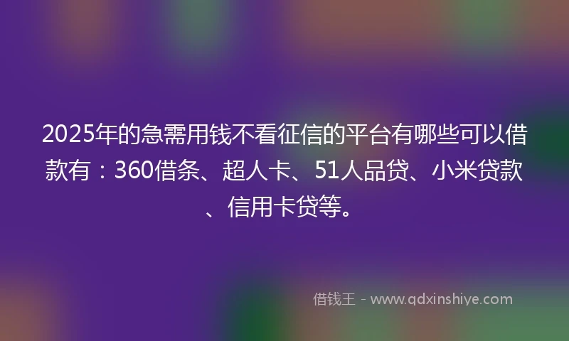 2025年的急需用钱不看征信的平台有哪些可以借款有：360借条、超人卡、51人品贷、小米贷款、信用卡贷等。