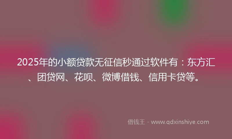 2025年的小额贷款无征信秒通过软件有:东方汇、团贷网、花呗、微博借钱、信用卡贷等。