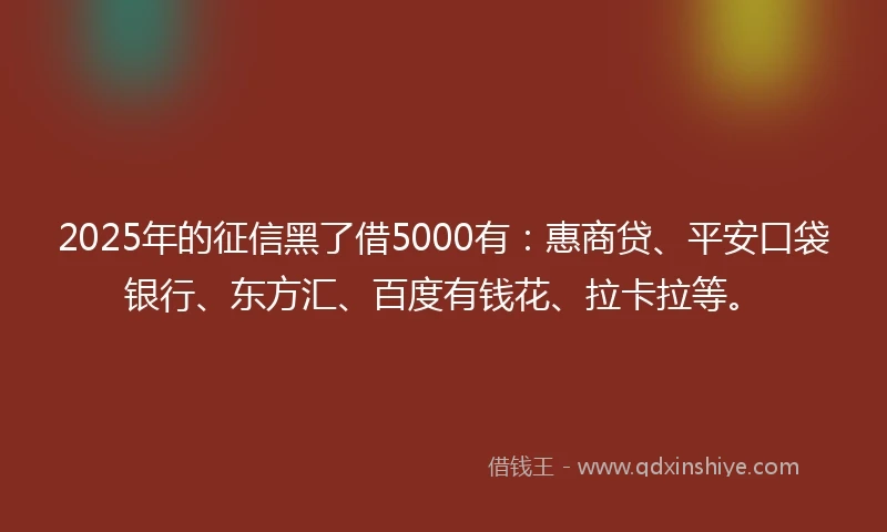 2025年的征信黑了借5000有：惠商贷、平安口袋银行、东方汇、百度有钱花、拉卡拉等。