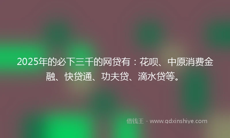 2025年的必下三千的网贷有：花呗、中原消费金融、快贷通、功夫贷、滴水贷等。