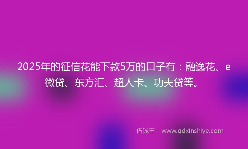 2025年的征信花能下款5万的口子有：融逸花、e微贷、东方汇、超人卡、功夫贷等。