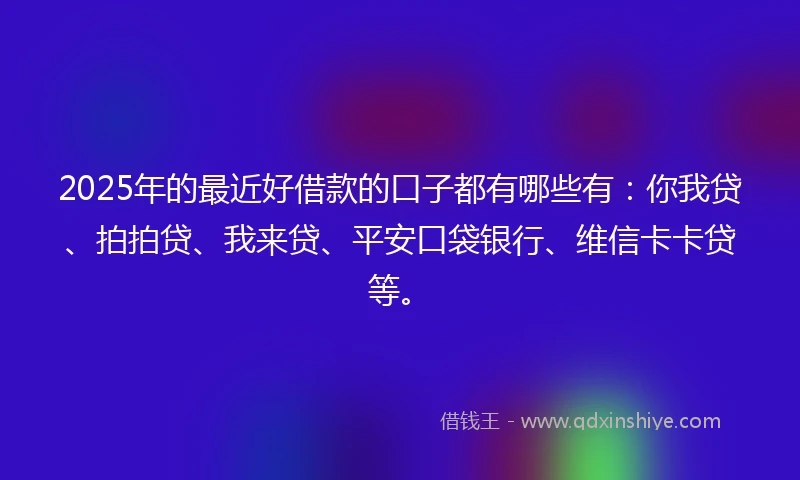 2025年的最近好借款的口子都有哪些有：你我贷、拍拍贷、我来贷、平安口袋银行、维信卡卡贷等。