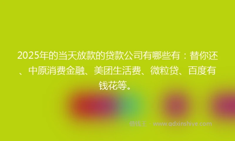 2025年的当天放款的贷款公司有哪些有：替你还、中原消费金融、美团生活费、微粒贷、百度有钱花等。